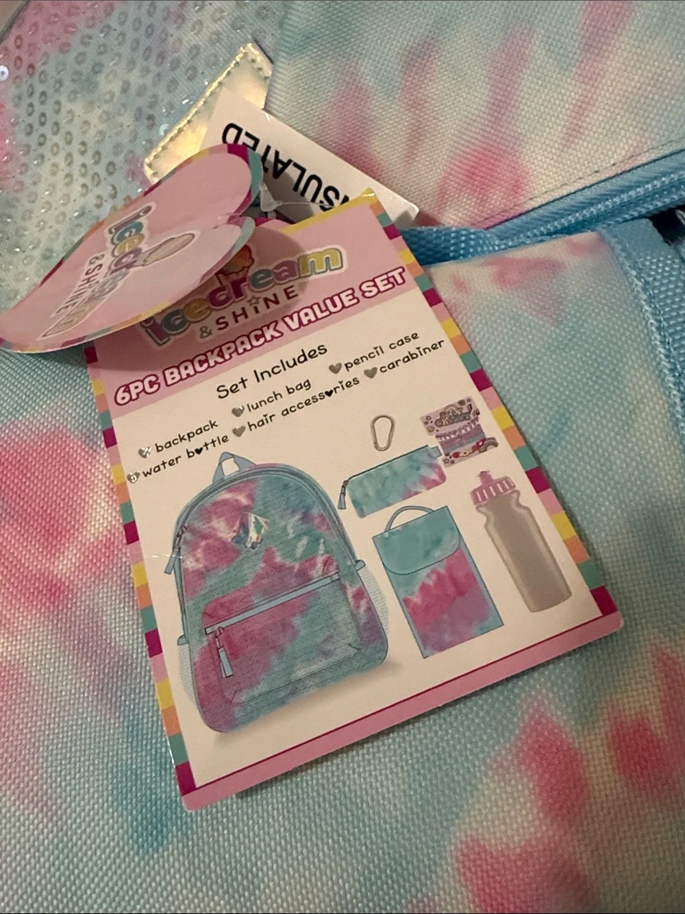 Sequin Tie-Dye Kids Backpack & Pouch - Pastel Pink & Blue